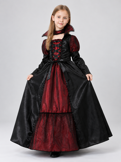 Kids' carnival costume with a puffy skirt, black and burgundy