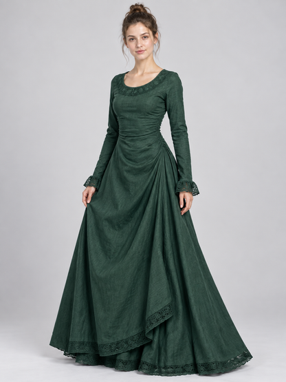 Green Long Vintage Dress with Lace and Draping