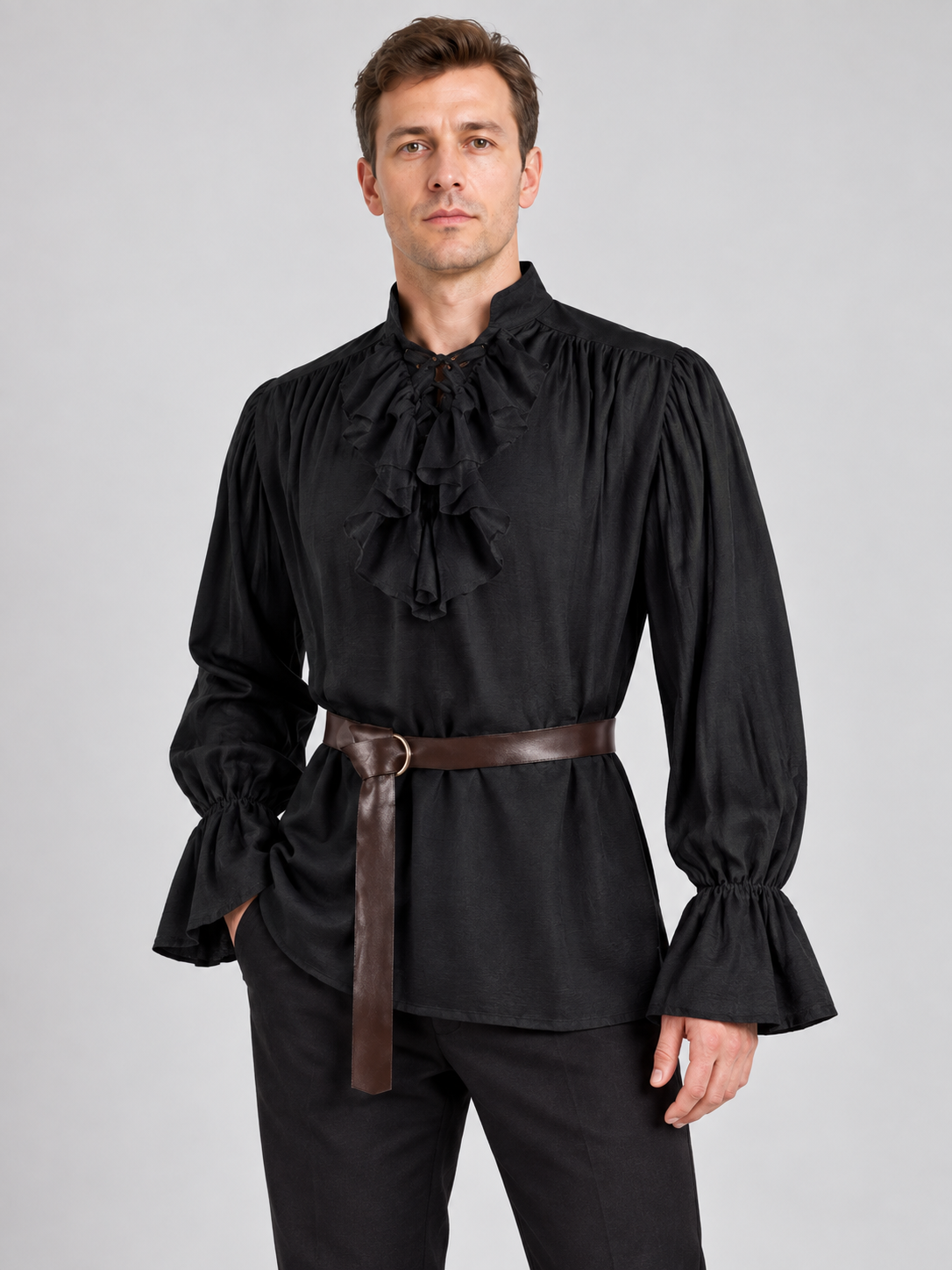 Black shirt with high collar and ruffles, with belt