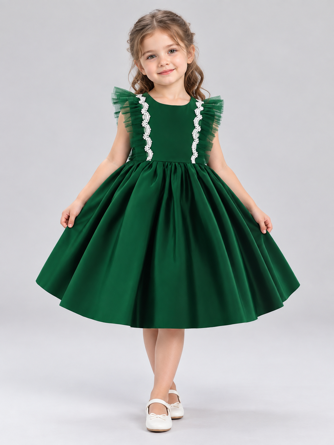 Dark Green Children's Holiday Dress with Lace and Bow