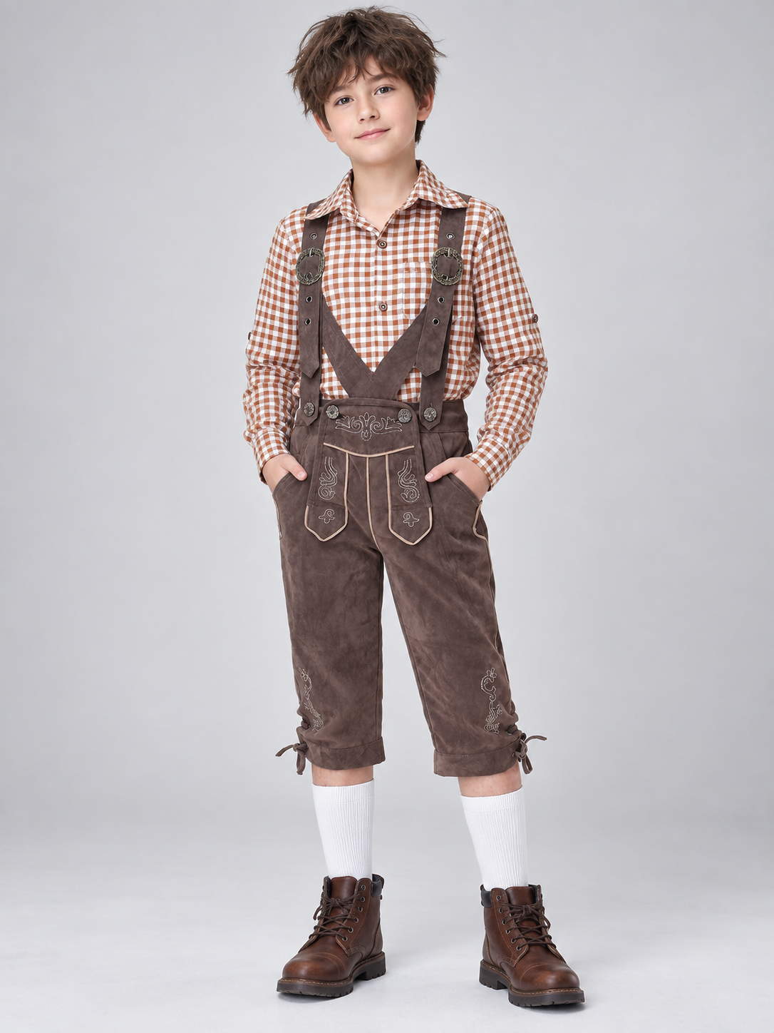 Gray Polyester Kids' Suspender Pants with Embroidery