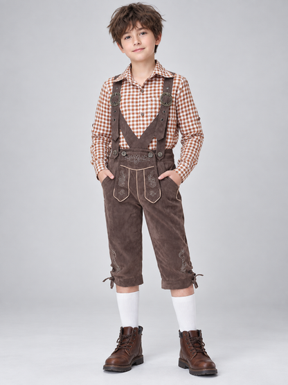 Gray Polyester Kids' Suspender Pants with Embroidery