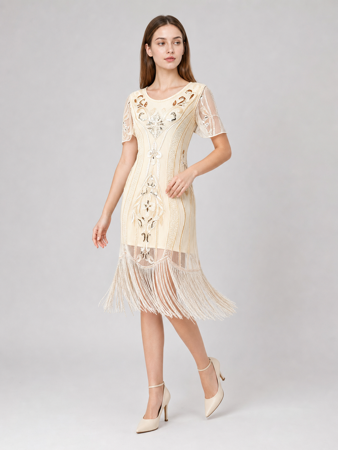 1920s-Style Dress with Fringe and Embellishments