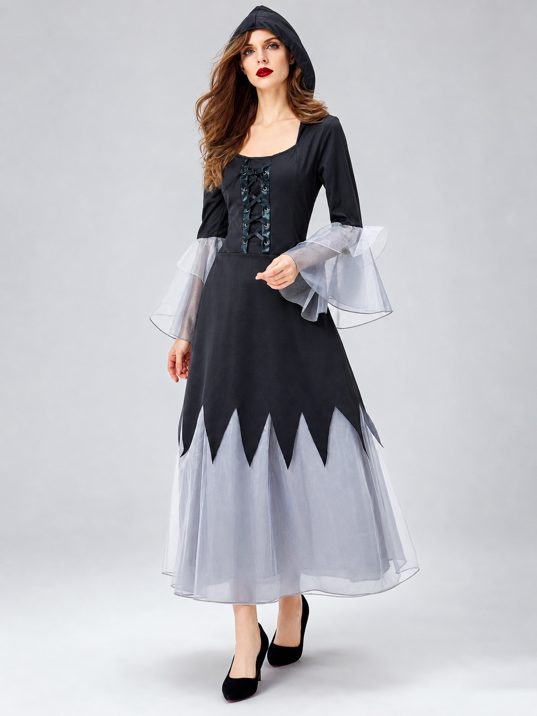 Gothic Black and Gray Lace-Up Cosplay Dress