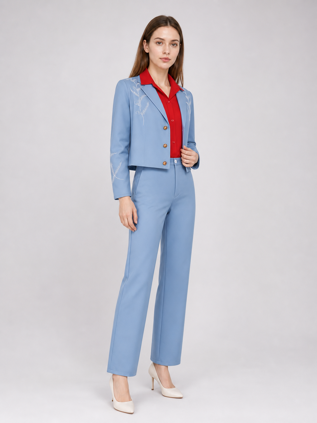 Bruno Three-Piece Suit: Light Blue Blazer, Shirt, and Pants