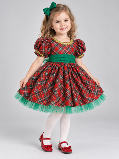 Festive Plaid Dress with Fluffy Skirt and Bow