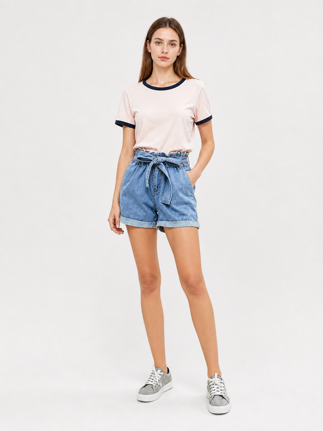 Blue Relaxed-Fit High-Rise Denim Shorts with Tie Waist product detail