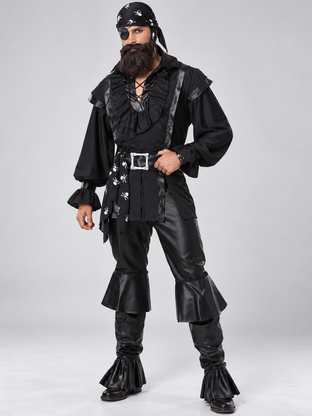 Black Pirate Costume with Beard, Eye Patch and Belt