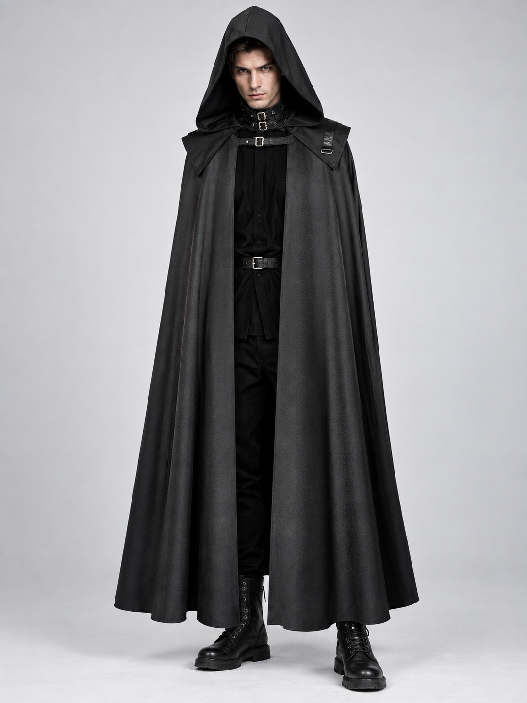 Black Long Hooded Cloak with Buckles
