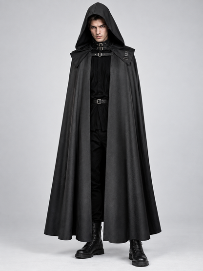 Black Long Hooded Cloak with Buckles