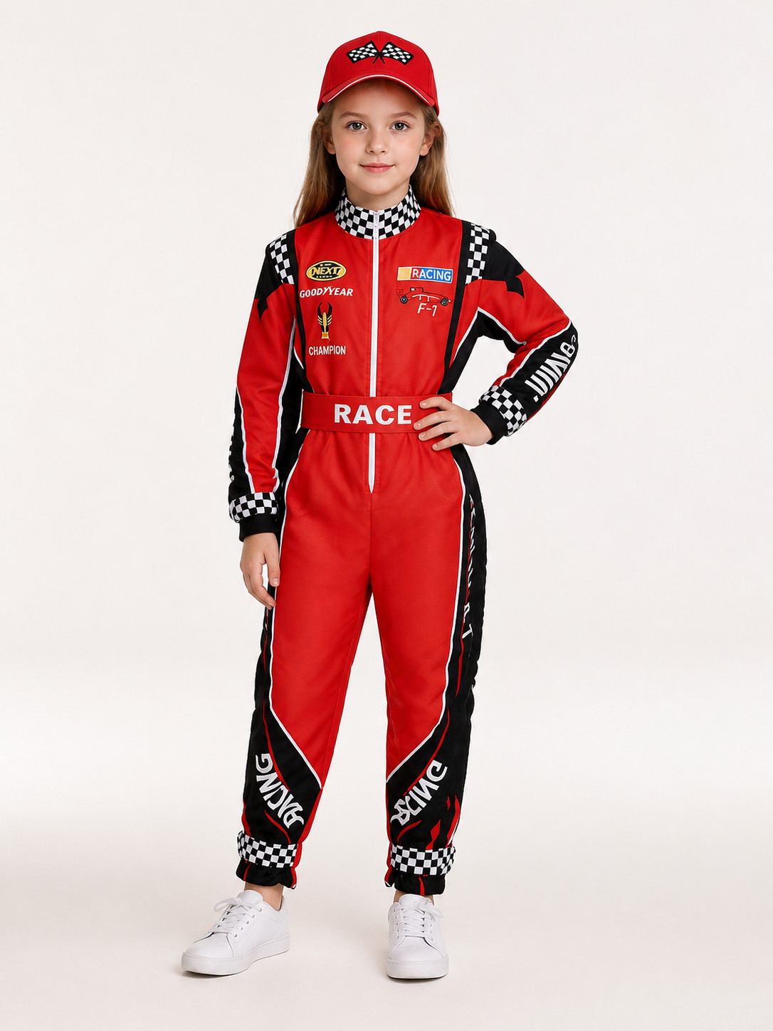 Racing Costume Set: Jumpsuit, Belt, and Cap on-model front view