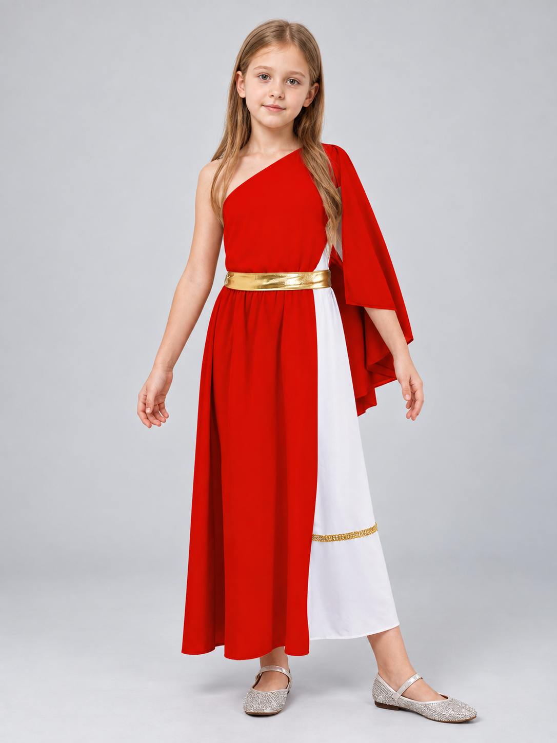 Asymmetrical dress with white inset and gold belt