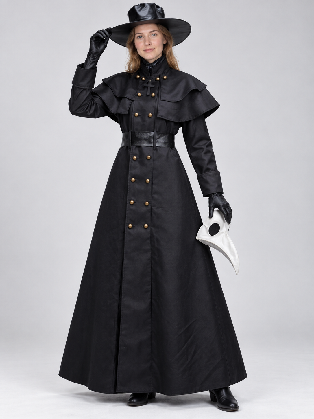 Black Plague Doctor Costume with Mask and Hat for Cosplay