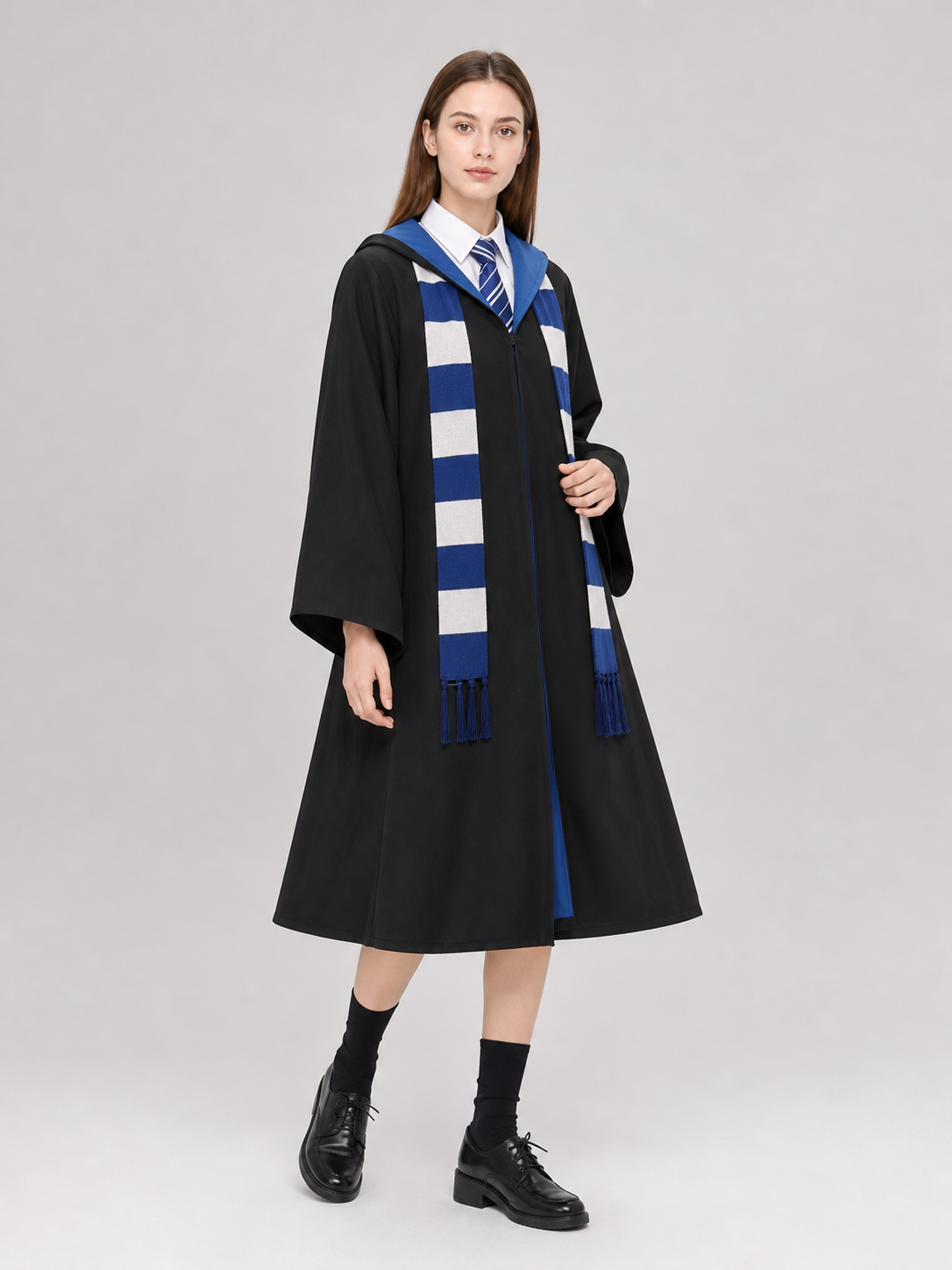 Wizard Costume with Robe, Hat, Glasses, and Scarf on-model front view