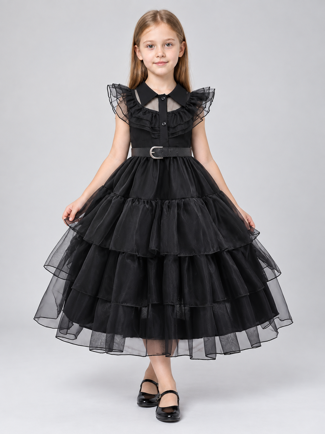 Black Dressy Dress with a Collar and Full Skirt Costume Dresses detail