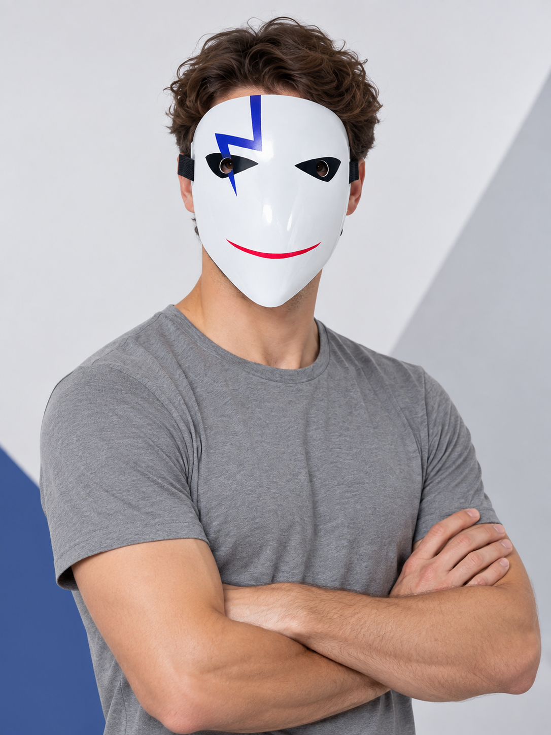 White Glossy Carnival Mask with Blue Zipper and Smile
