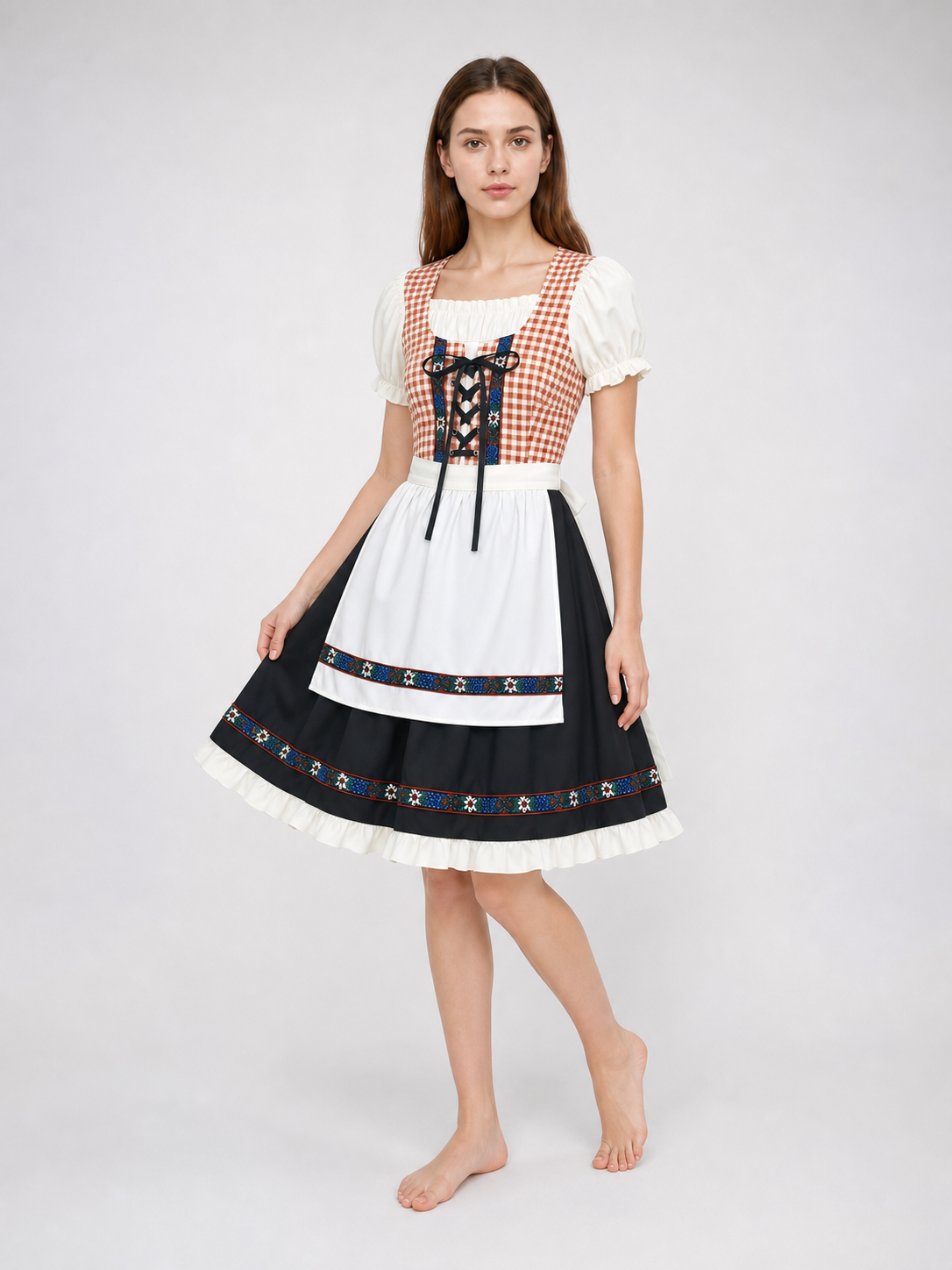 This traditional costume is designed in a vintage folk style and is suitable for creating a striking look for a costume party, themed event, holiday program, or cultural performance. The dress features a brown-and-white plaid pattern: this 