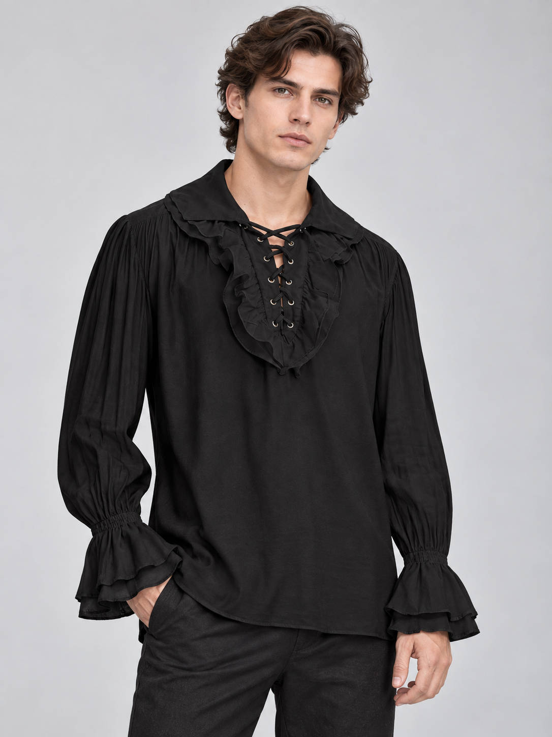 Black shirt with ruffles, lacing, and gathering