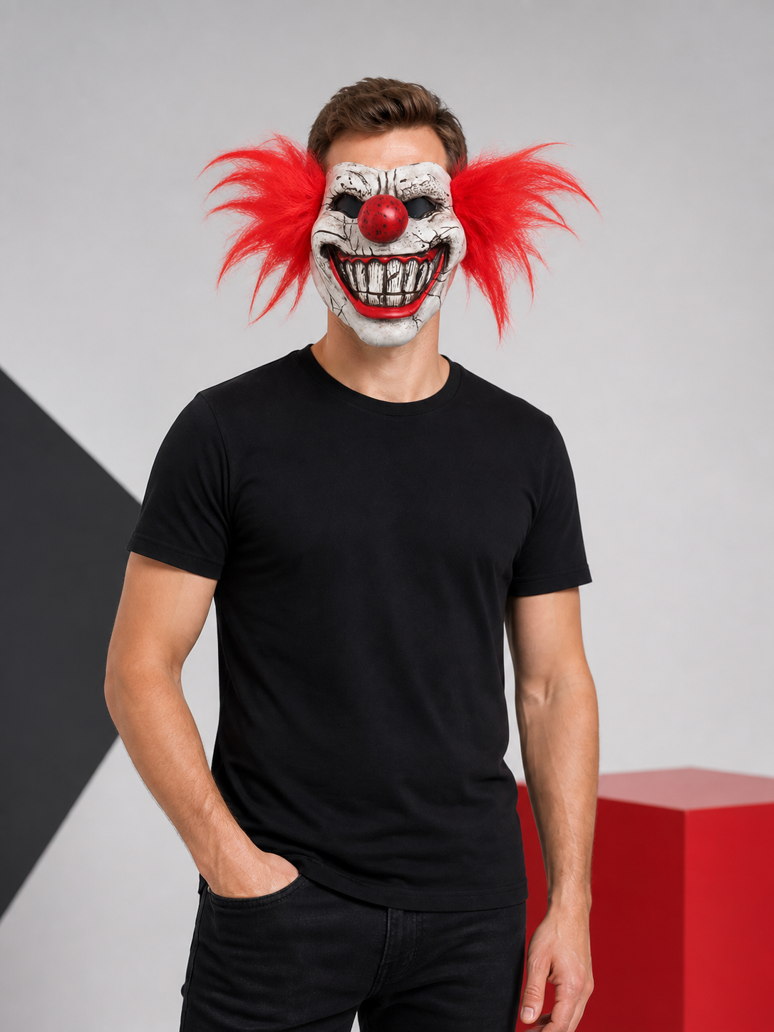 White Clown Halloween Mask with Red Hair Costume Masks detail