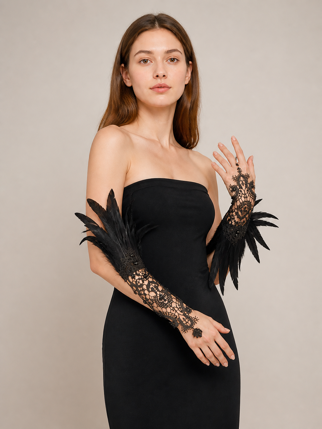 Black Lace Carnival Gloves with Feathers, Pair