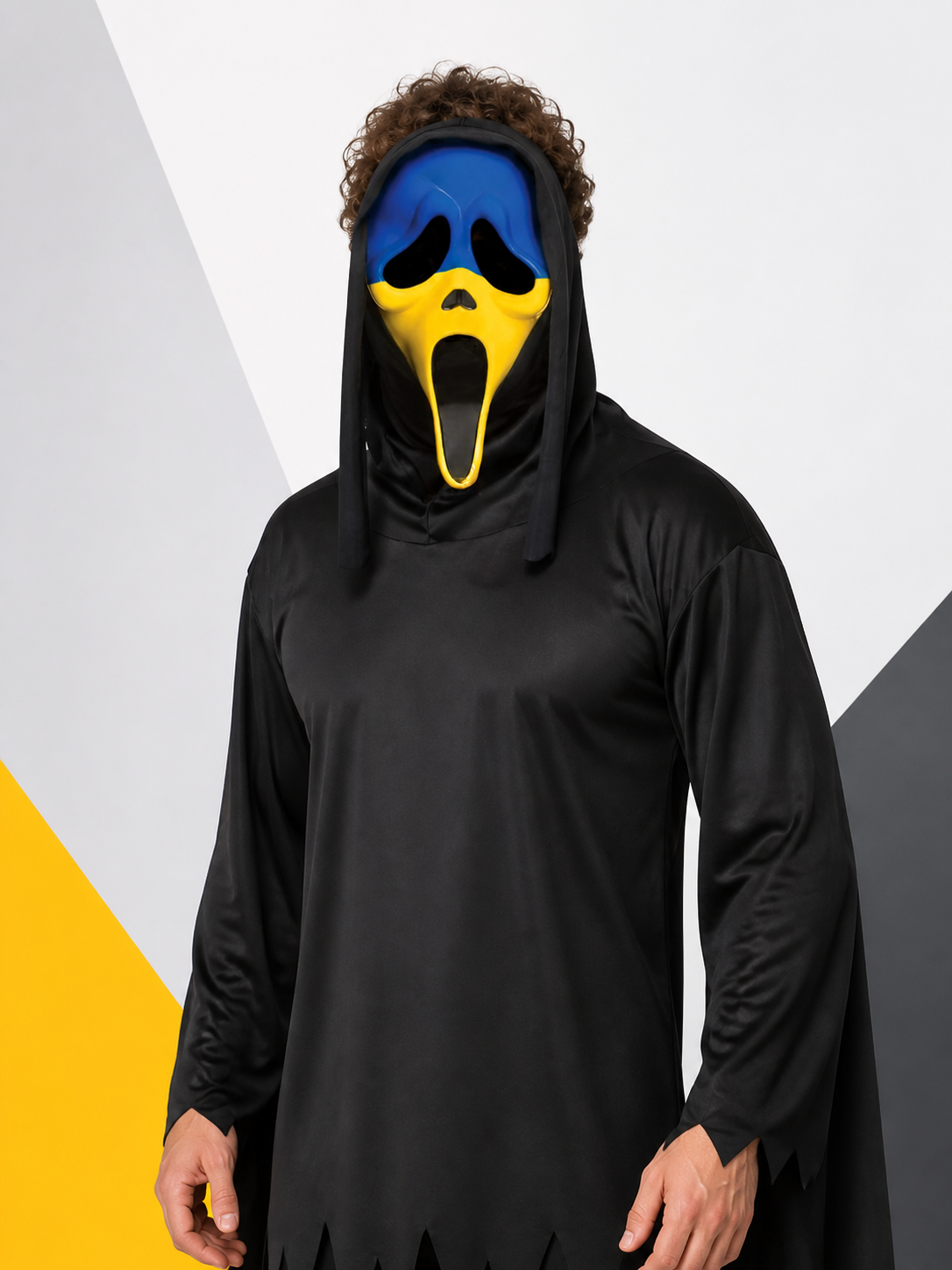 Scary Two-Tone Carnival Mask with Black Hood