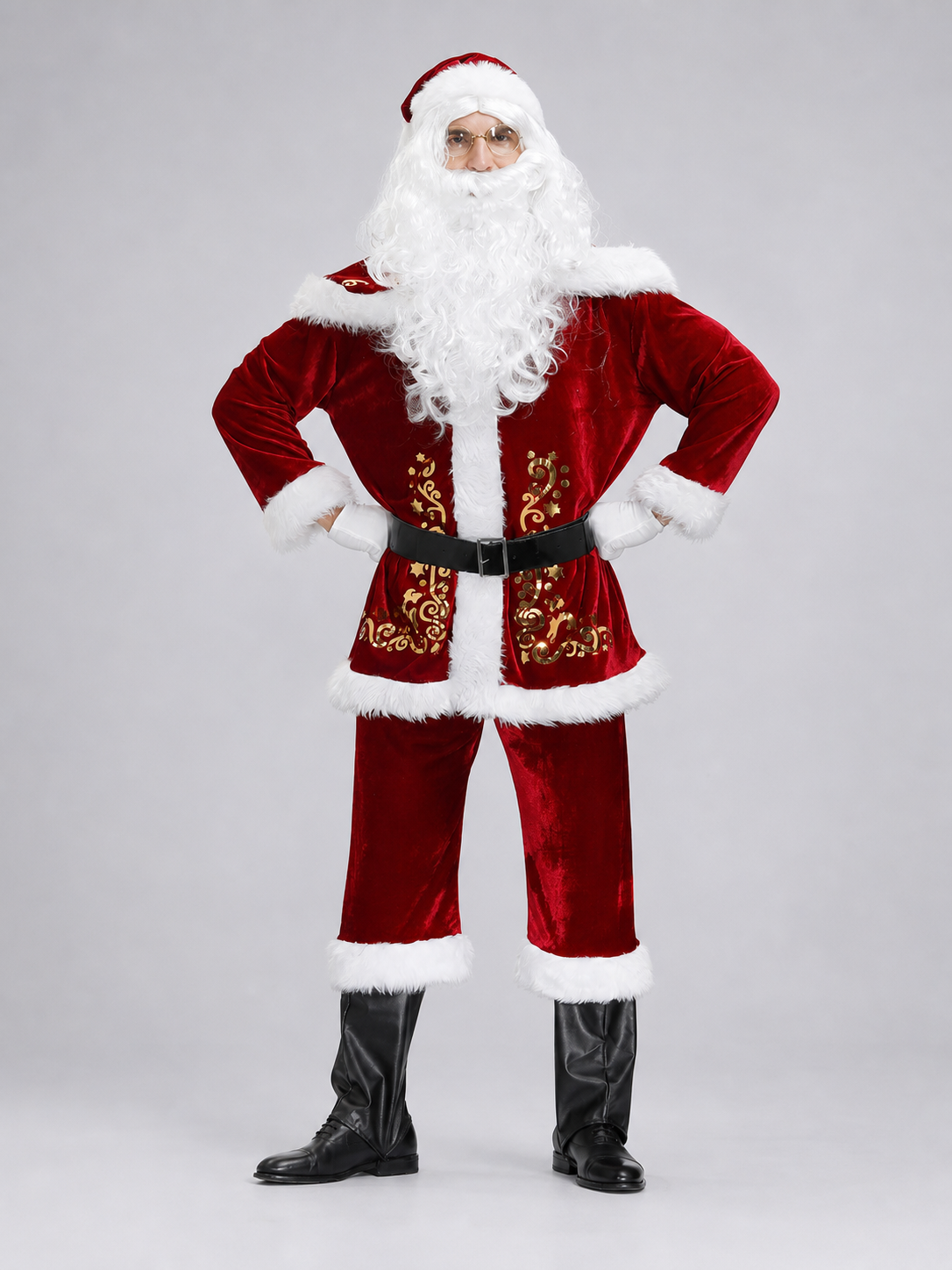 Santa Claus Costume with Beard and Hat, Gold Accents