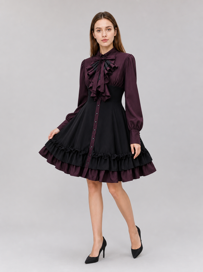 Women’s Gothic Renaissance Dress, Medieval Steampunk Style, Black And Burgundy Long Sleeve High Neck Ruffle A-Line Costume Outfit