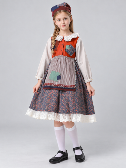 Kids' costume with dress, apron, and headscarf