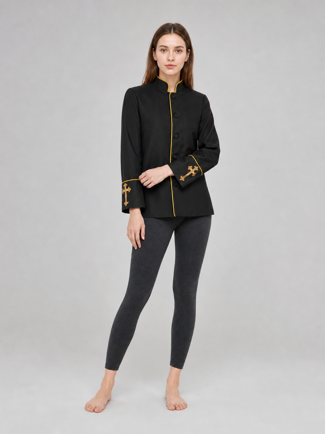 Black stand-collar jacket with gold trim