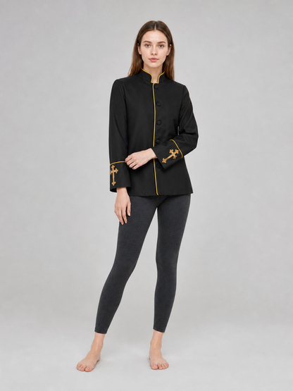 Black stand-collar jacket with gold trim