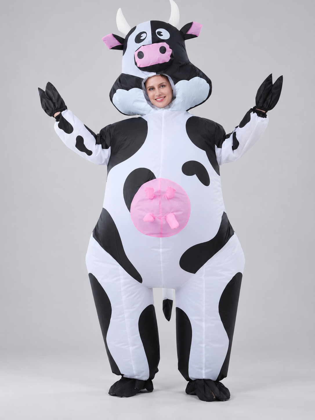 Inflatable Cow Costume with Horns and Pink Details