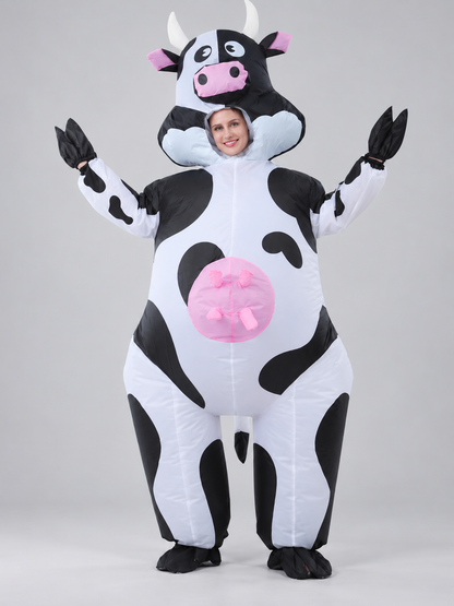 Inflatable Cow Costume with Horns and Pink Details