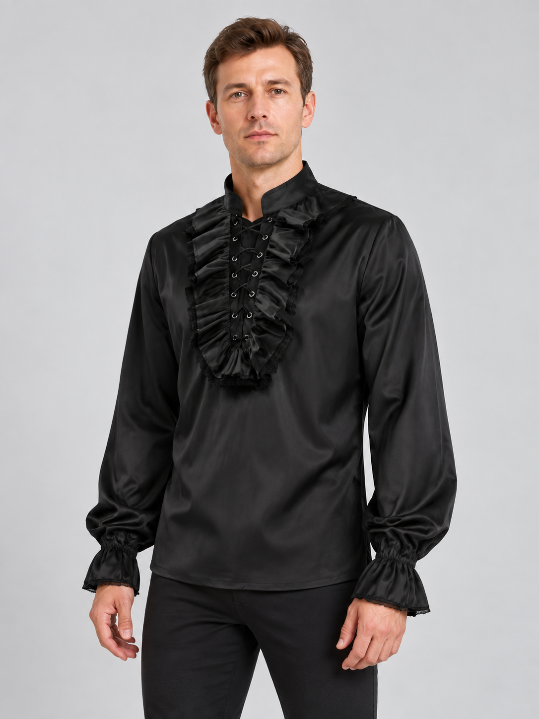Black shirt with high collar and ruffles