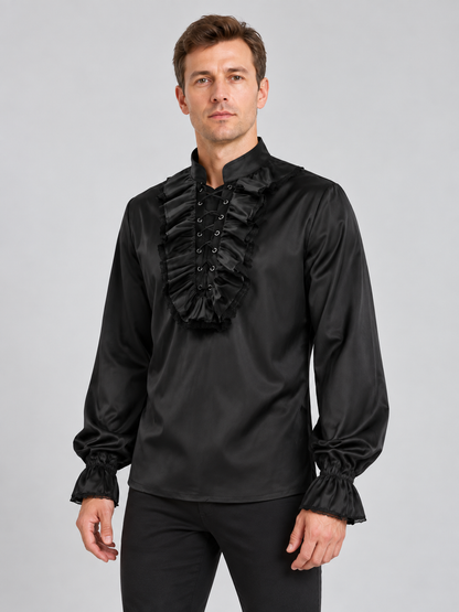 Black shirt with high collar and ruffles