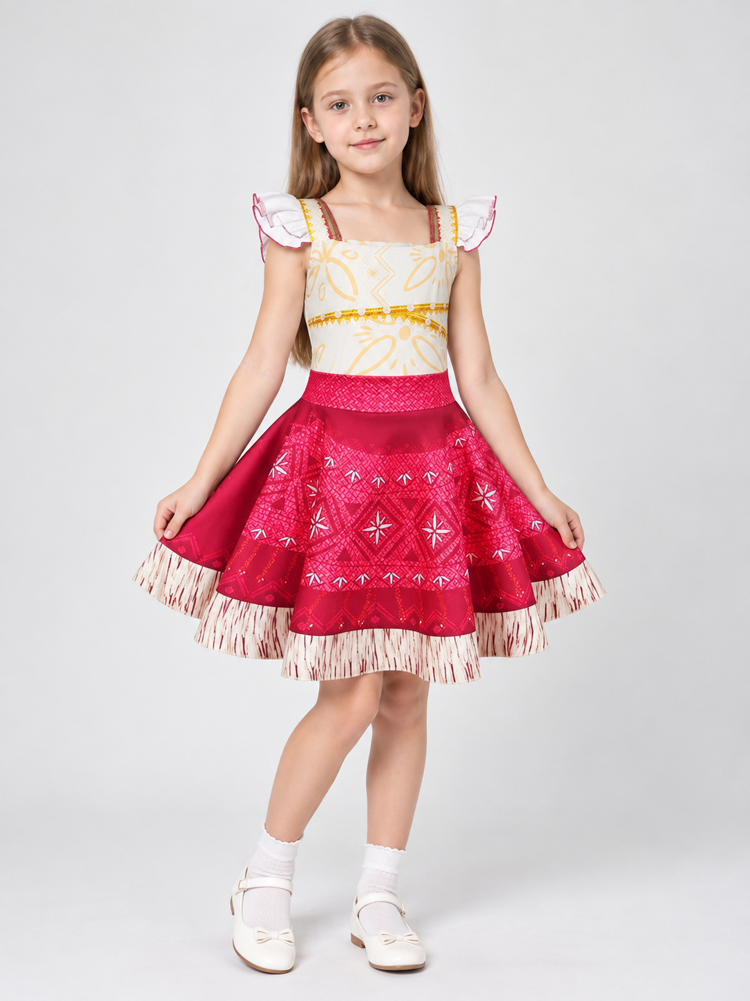 Dress with a white bodice, red skirt, and fringe