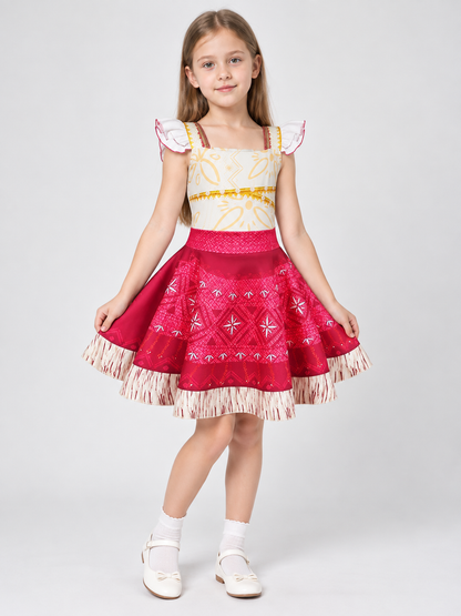 Dress with a white bodice, red skirt, and fringe