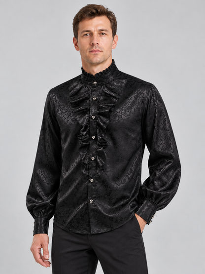 Black Shiny Shirt with Jabot and Ruffles