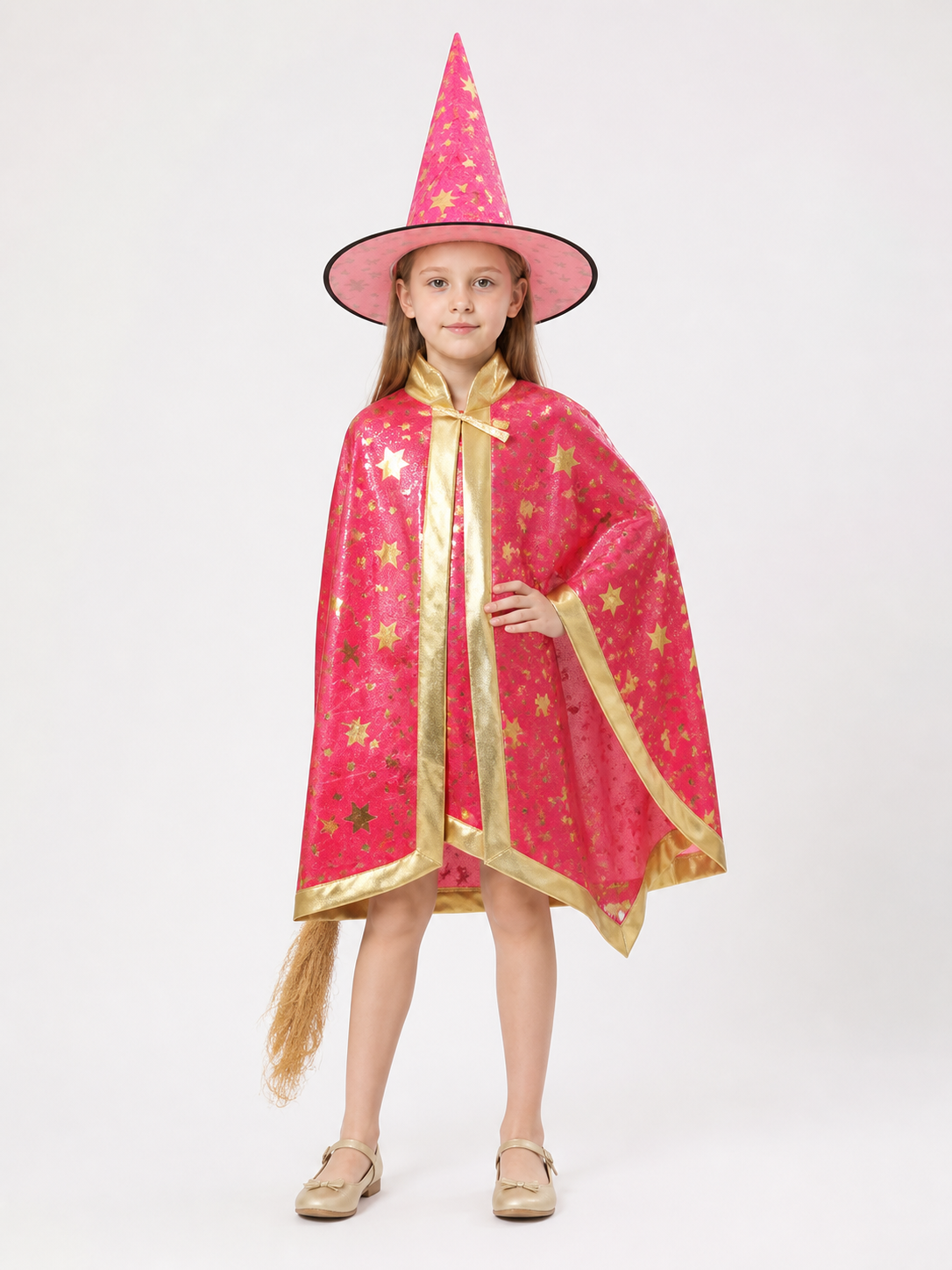 Costume Cloak with Pointed Hat, Raspberry, with Stars Costume Capes detail