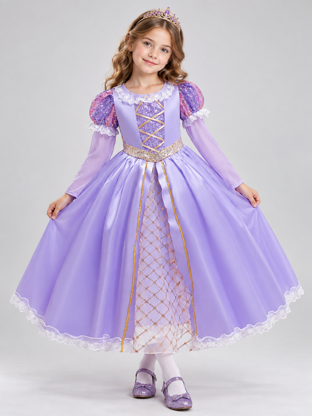 Purple Girls' Holiday Dress with Lace and Bow