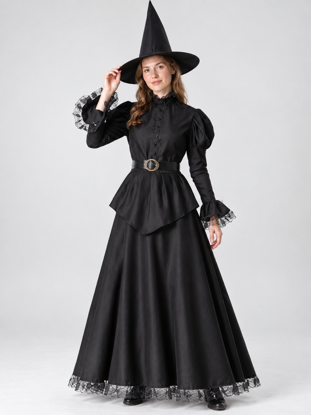 Witch Costume: Long Black Lace Dress, Hat, Belt