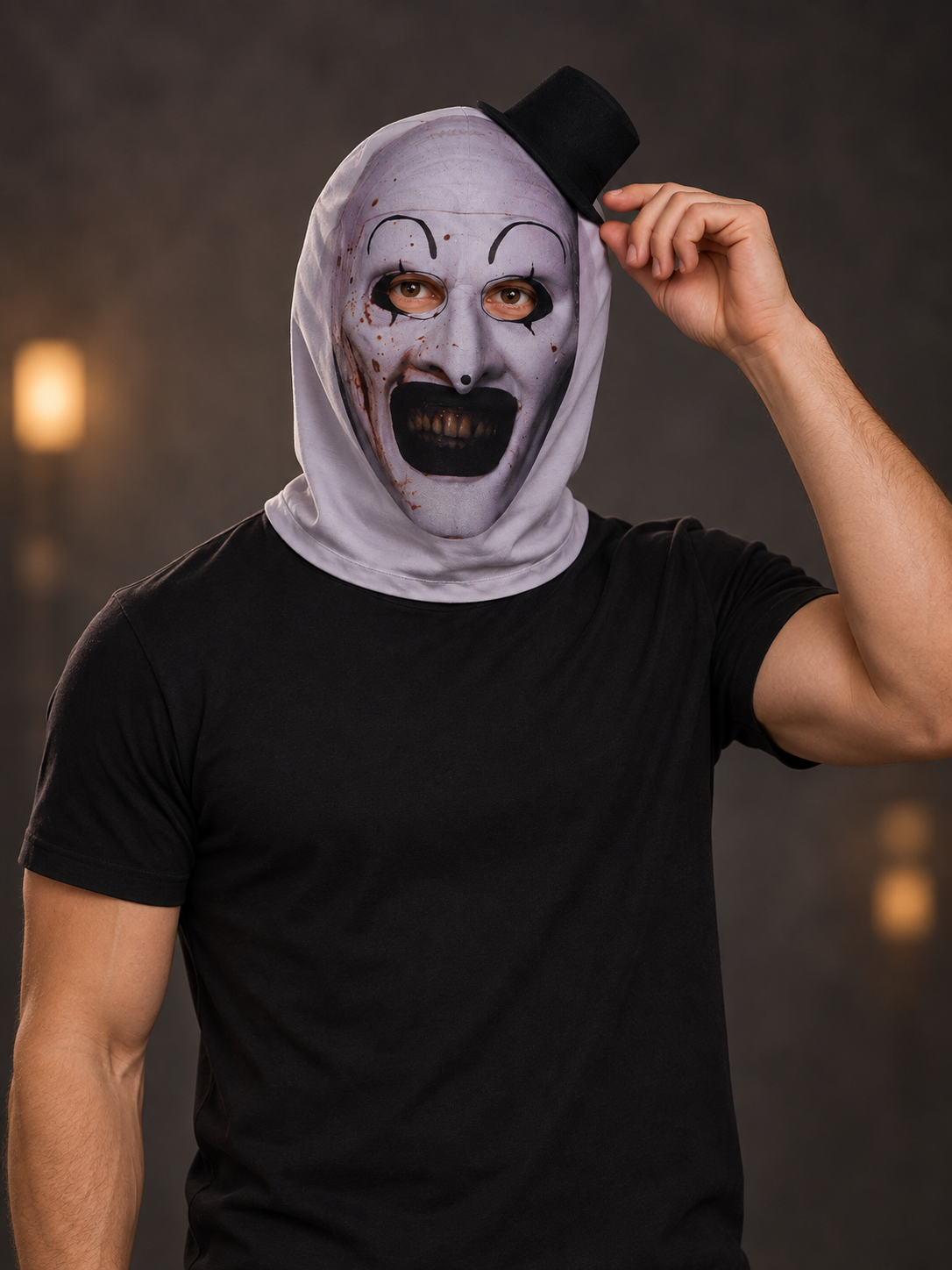 Clown Hood Mask with Black Top Hat and Blood Stains