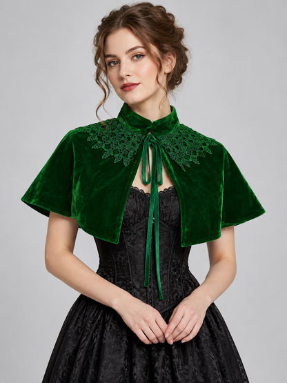 Green Velvet Capelet with Lace and High Collar