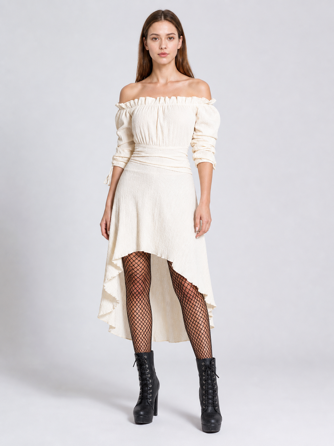 Long Off-the-Shoulder Dress with an Asymmetrical Hem