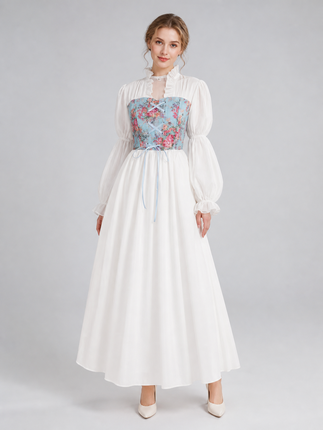 White Long Dress with Floral Print and Lace-Up Detail