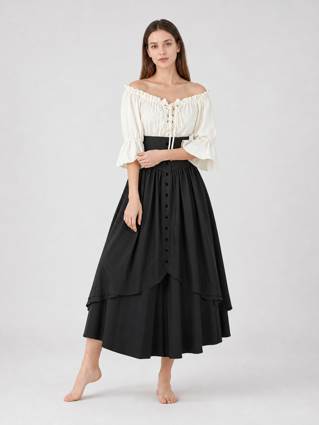 Vintage-style off-the-shoulder lace-up dress
