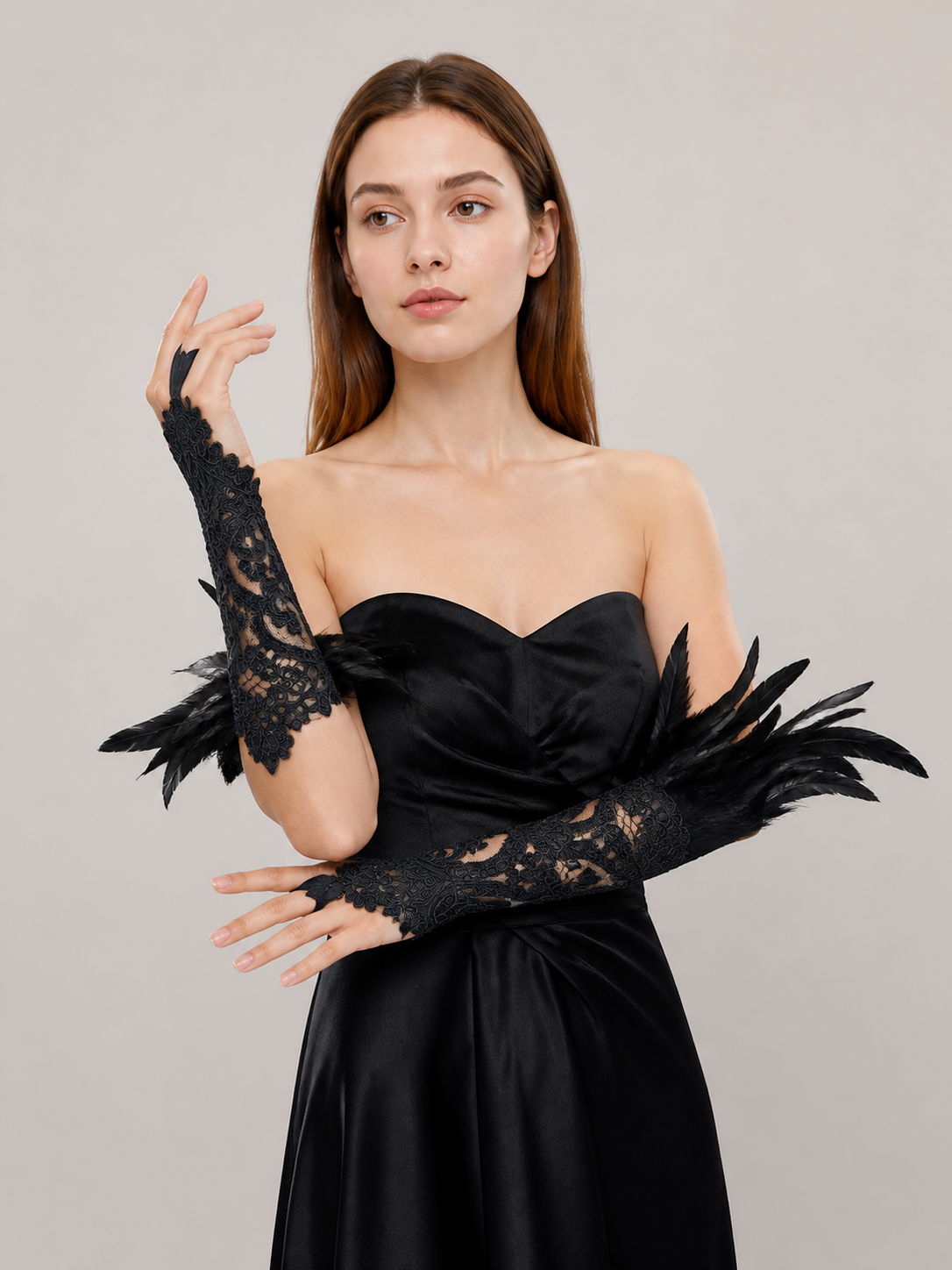 Black Lace Carnival Gloves with Feathers, Pair