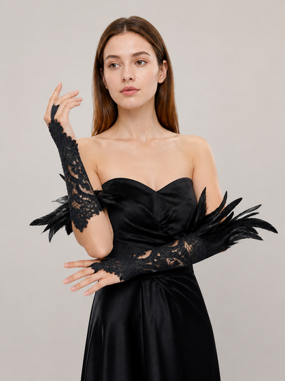Black Lace Carnival Gloves with Feathers, Pair