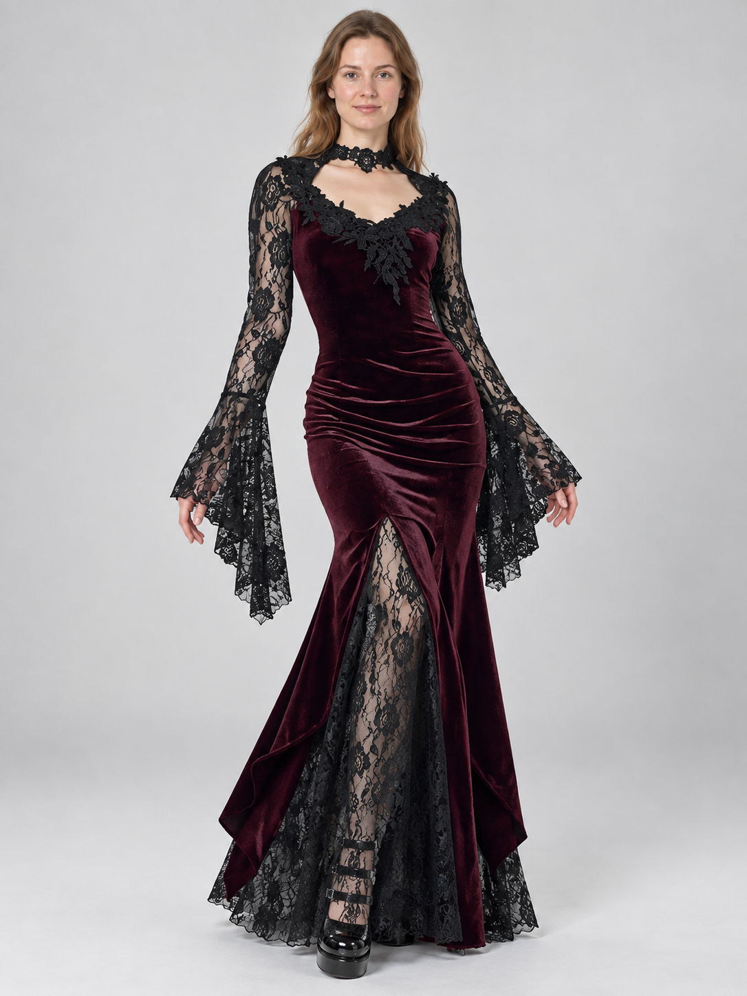 Long burgundy dress with black lace and appliqué