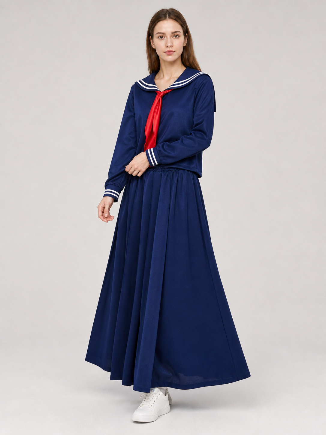 Sailor-style costume with a long pleated skirt