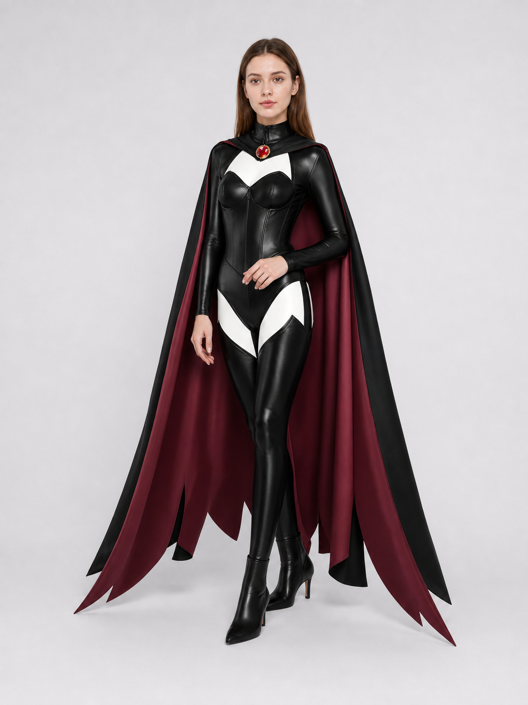X-Men cosplay costume with cape in a black and burgundy color scheme. The set includes a one-piece costume and a cape, combined into a striking look for role-play transformations and themed events, including Halloween. The design features a